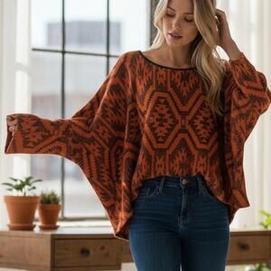 Kozan Orange Black Geometric Aztec Print Women's Sweater Size S High-Low Relaxed